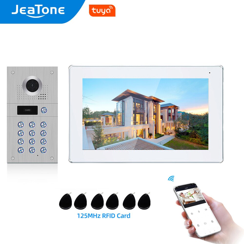 Jeatone 10 인치 Tuya 무선 WiFi 비디오 도어 폰 인터콤 1080P 초인종 코드 키패드가있는 2 터치 스크린 모니터 (RFID 카드)